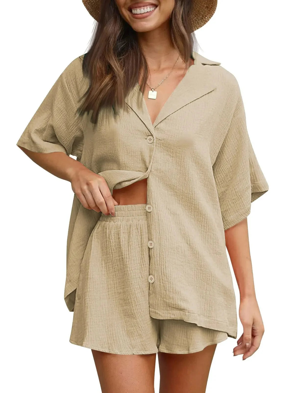 2 Piece Womens Outfit Sets Button down Shirts and Shorts Casual Lounge Sets Short Sleeve Pajamas Sets Summer Loungewear