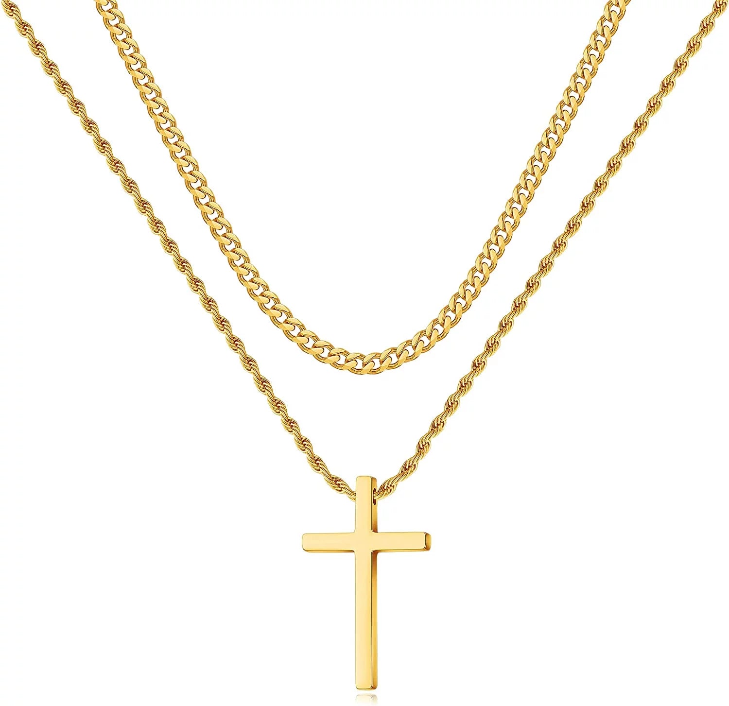 Stainless Steel Cross Necklaces for Men Layered Cuban Link Chain Rope Chain Mens Cross Necklaces Black Silver Gold Cross Pendant Necklace for Men Women 16-26 Inches