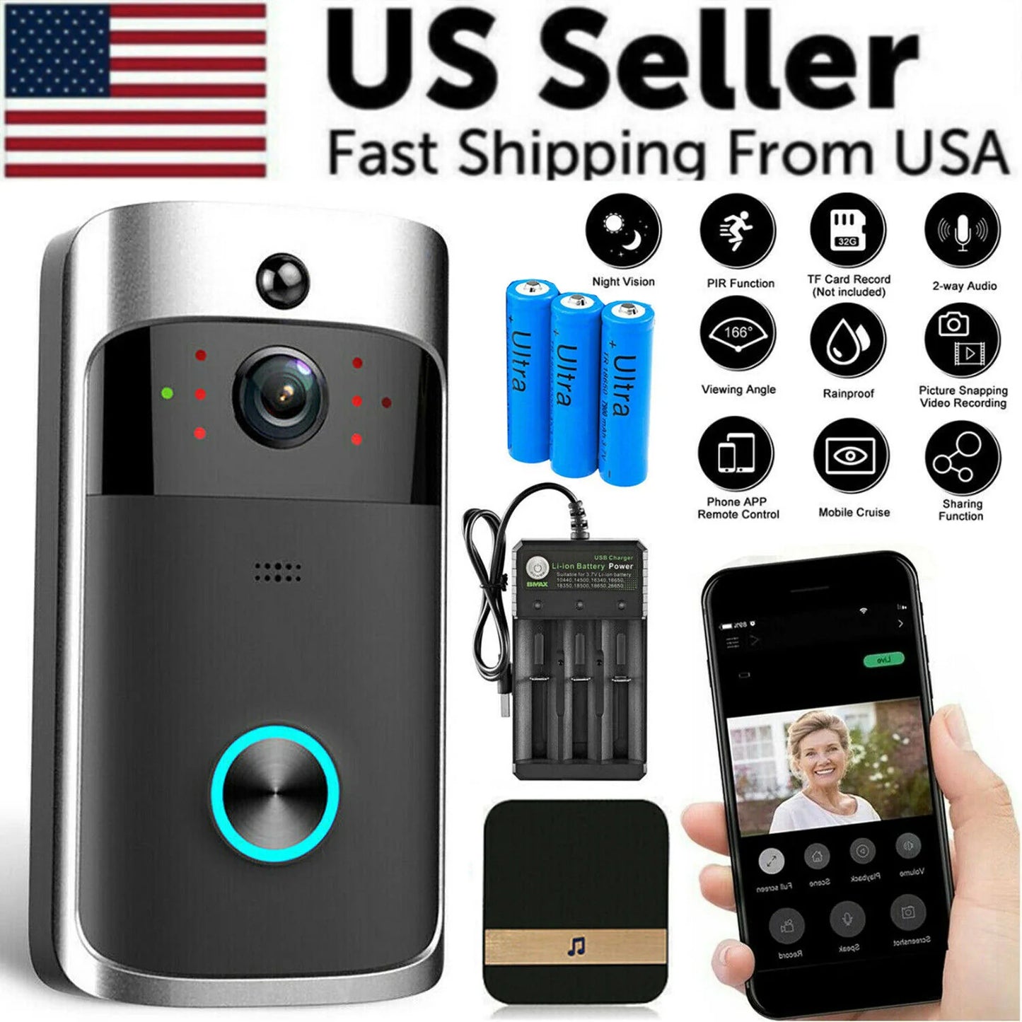 Smart Wireless Wifi Video Doorbell Phone Door Ring Intercom Security Camera Bell