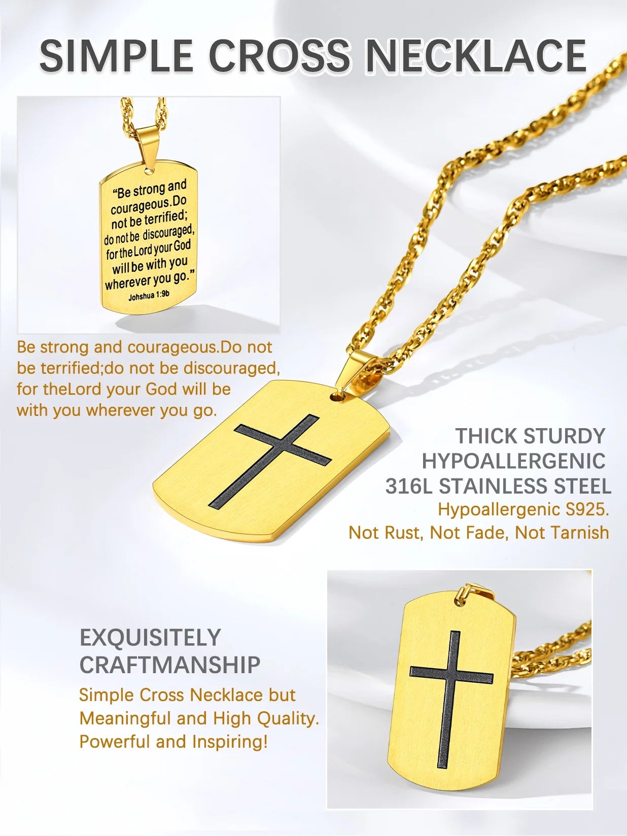 Men'S Gold Cross Necklace Stainless Steel Dog Tag Necklace Christian Serenity Prayer Necklace Inspirational Jewelry Gift