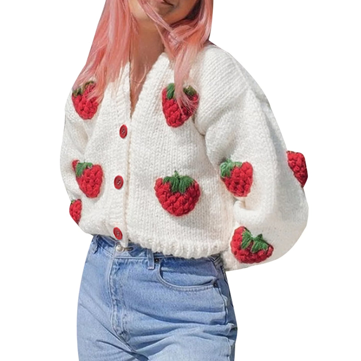 Women Handmade 3D Floral/Strawberry Chunky Knit Cardigan Harajuku Loose Sweater