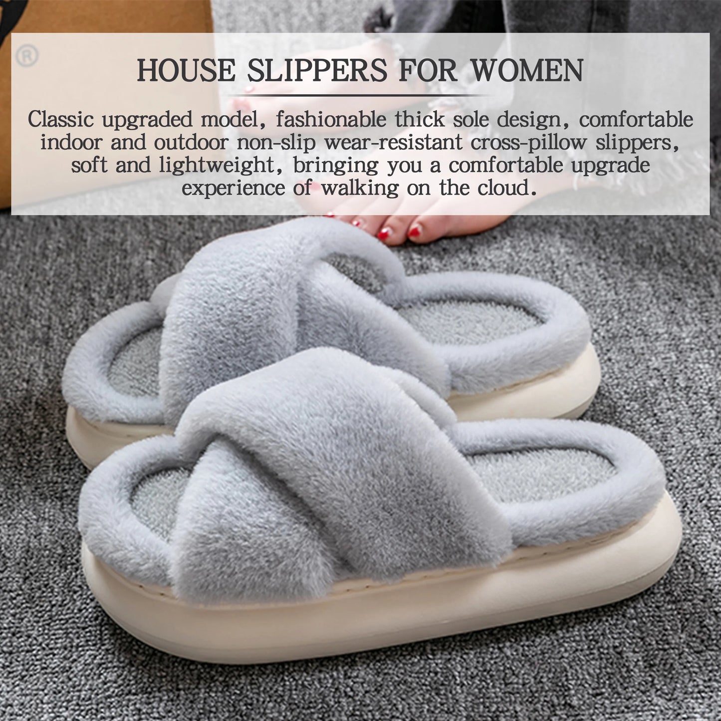 Slippers for Women Indoor, Women'S Fuzzy Slippers, Cross Band Slippers Indoor Outdoor Soft Open Toe Slippers, Gray