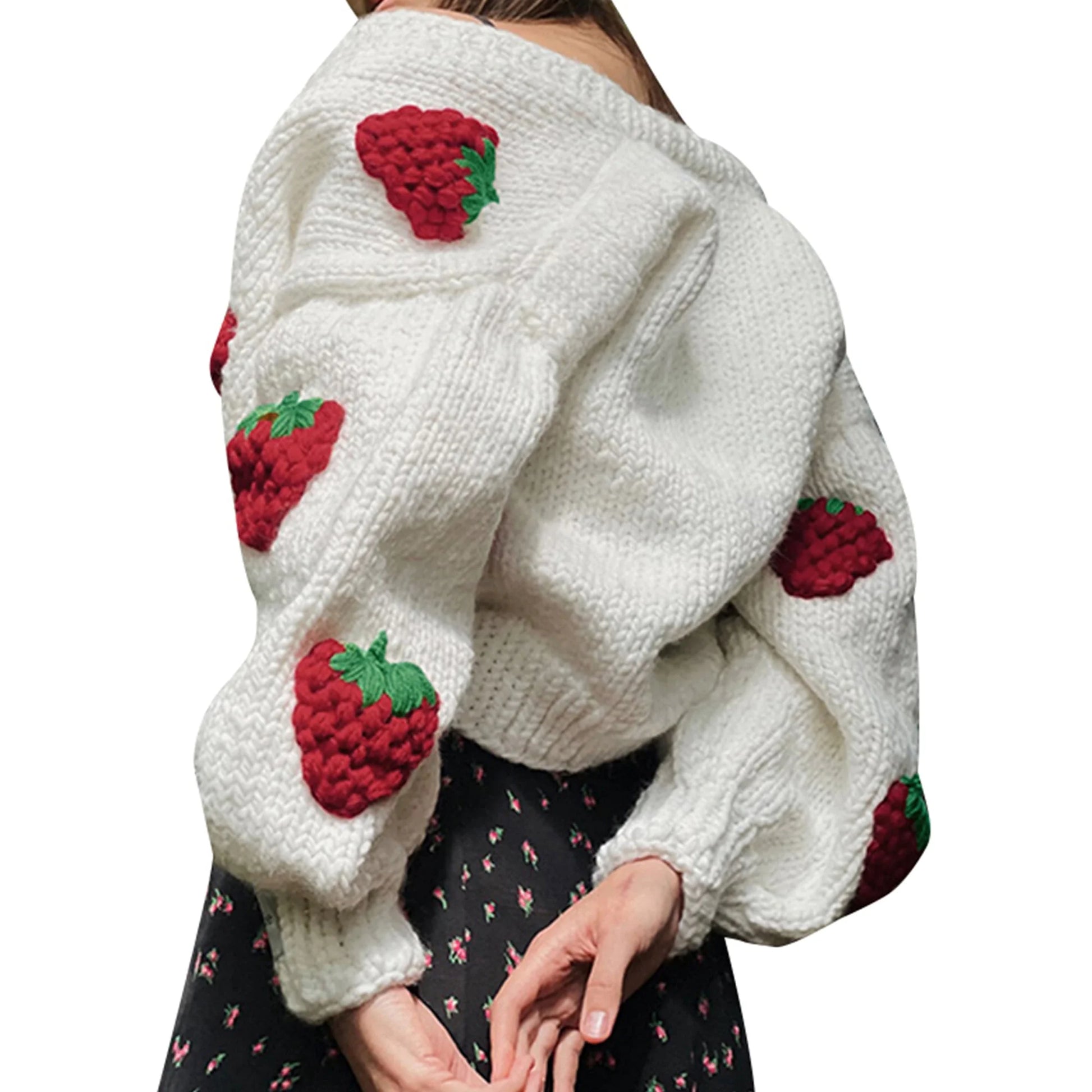 Women Handmade 3D Floral/Strawberry Chunky Knit Cardigan Harajuku Loose Sweater