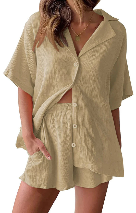 2 Piece Womens Outfit Sets Button down Shirts and Shorts Casual Lounge Sets Short Sleeve Pajamas Sets Summer Loungewear