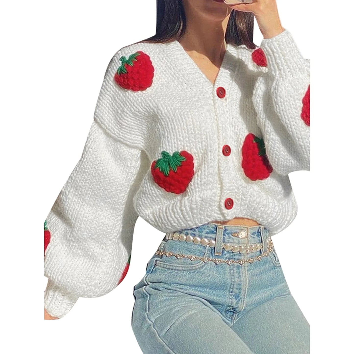 Women Handmade 3D Floral/Strawberry Chunky Knit Cardigan Harajuku Loose Sweater