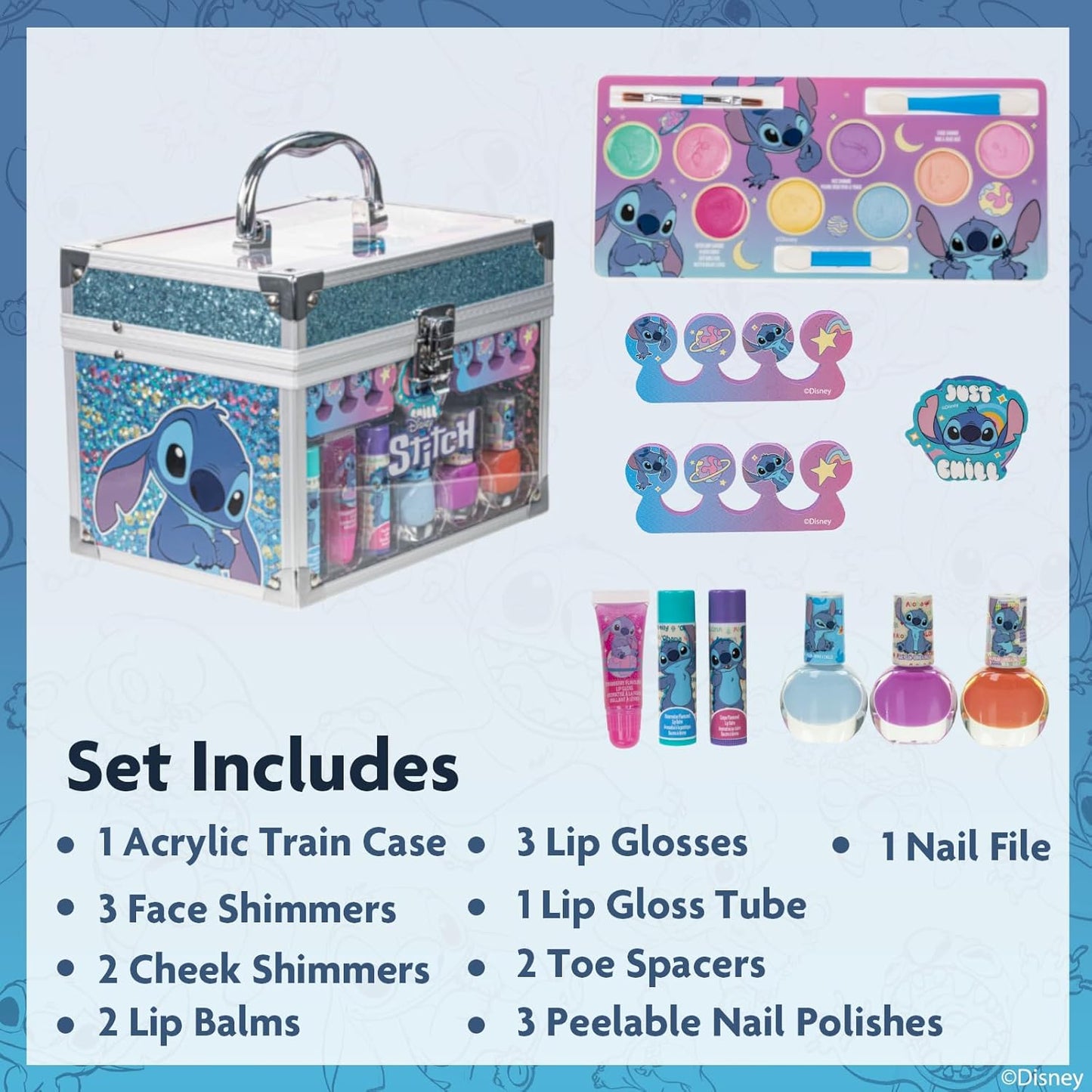 Stitch Train Case Beauty Set, Kids Makeup Kit for Girls, Real Washable Makeup Set, Play Makeup, Party Favor, Birthday, Ages 3 4 5 6 7 8 9 10 11 12 by