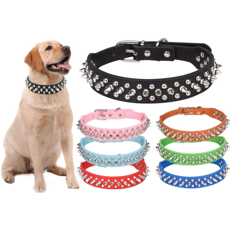 Spiked Studded Leather Dog Collar Rivets Pet Small Large Cat Pit Bull Adjustable