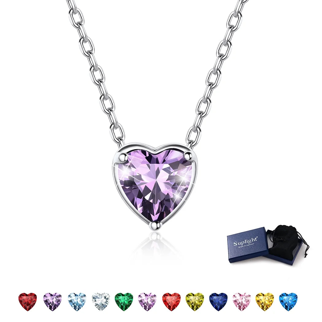 Women 925 Sterling Silver Birthstone Love Heart Necklace, Valentine'S Day Jewelry Gifts for Her