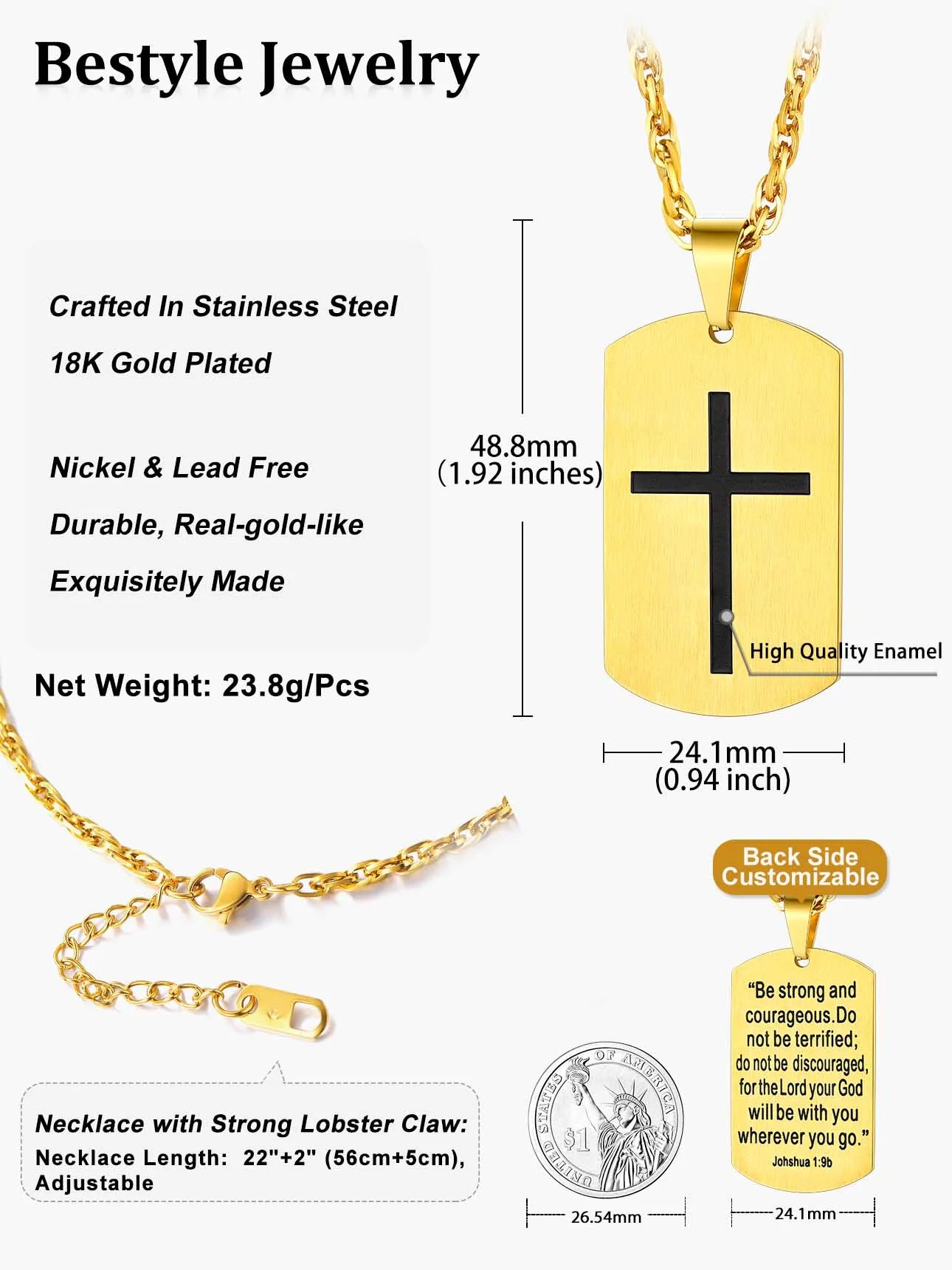 Men'S Gold Cross Necklace Stainless Steel Dog Tag Necklace Christian Serenity Prayer Necklace Inspirational Jewelry Gift